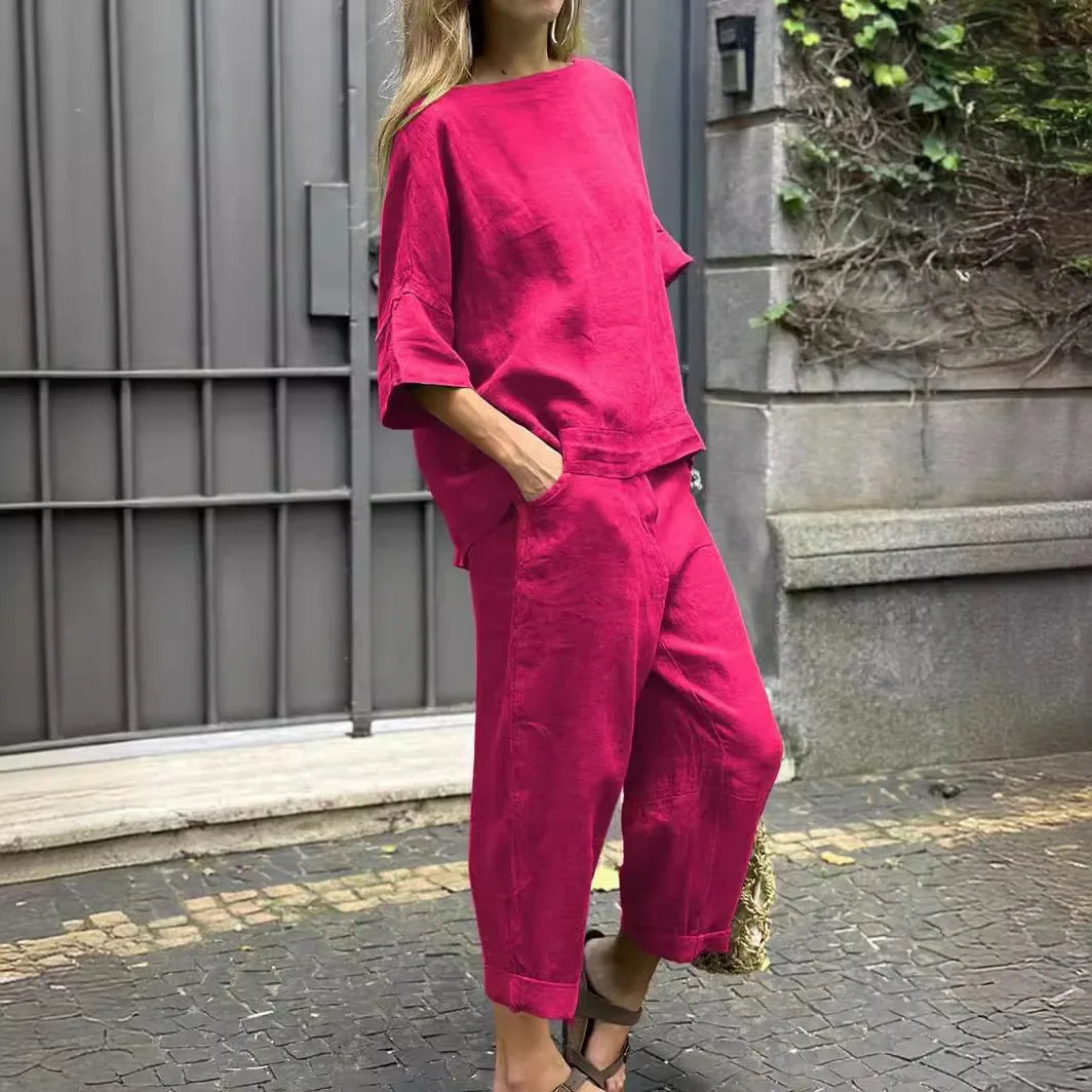 Summer Fashion New Style Matching Series Round Neck Cotton Linen Top High Waist Wide Leg Long Pants Set Plus Size Women's Wear Rose