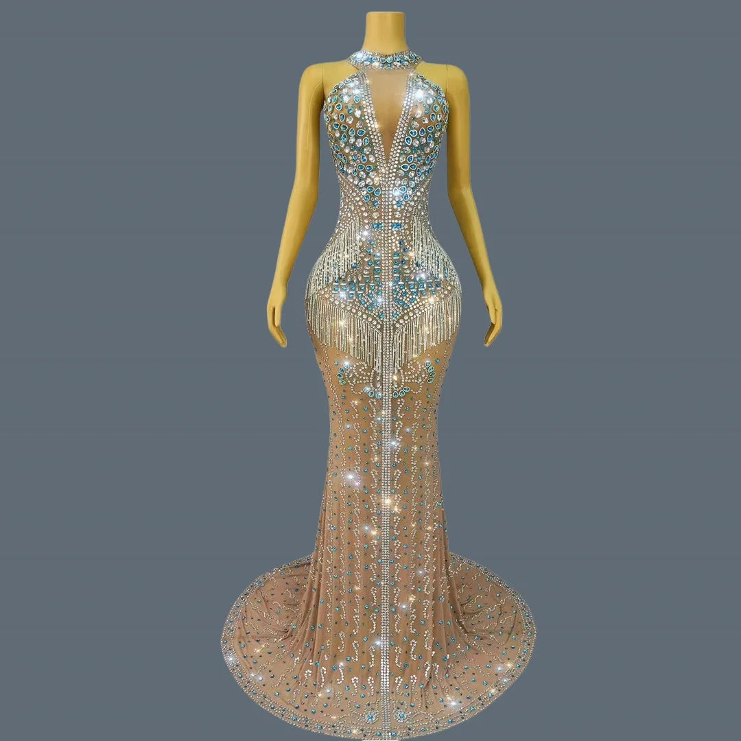 High-end Evening Gown Sparkly Diamonds Sheer Mesh Floor-length Dress Luxury Crystals Tassel Birthday Prom Ball Dress Lancaihua AS PHOTO