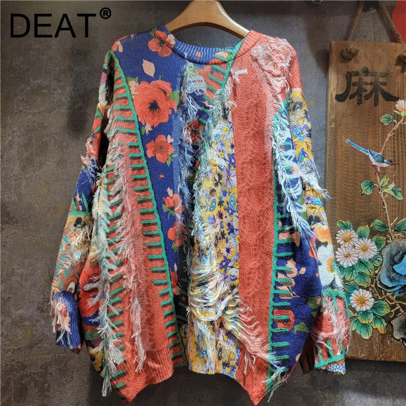 Autumn Winter New Fashion Elegant Casual Versatile Printed Knitted Tassel Sweater For Women Loose Pullover 11A07722