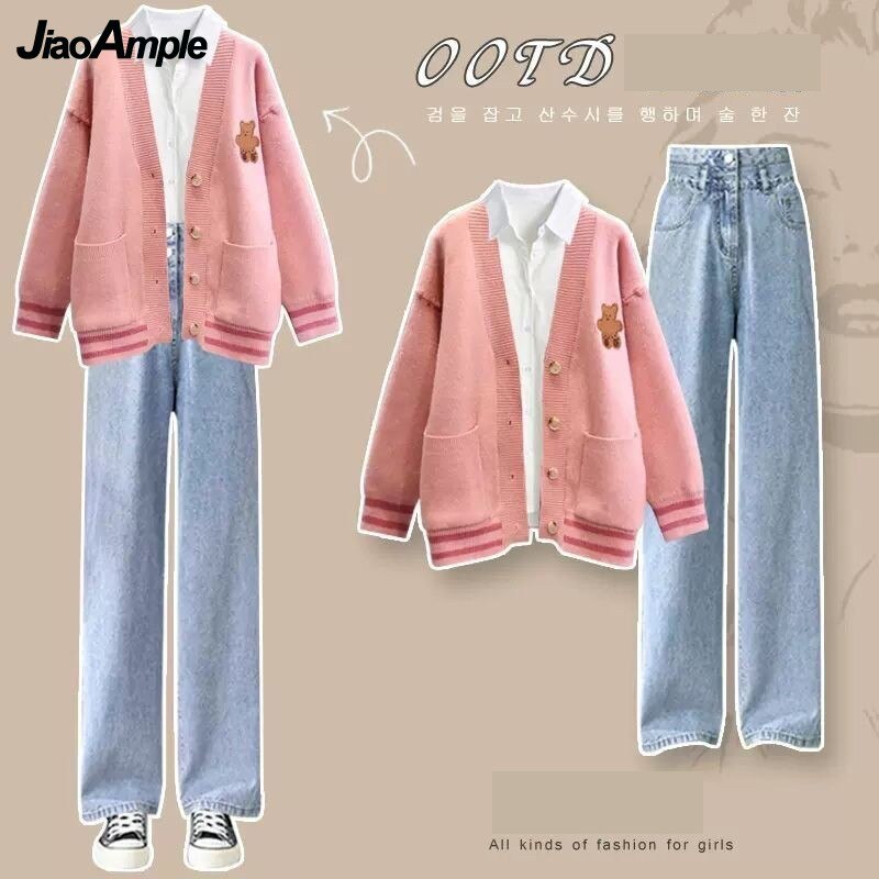 Women's Autumn Winter Loose Sweater Coat+Shirt+Jeans Three Piece 2024 New Matching Set Korean Elegant Cardigan Denim Pants Suit