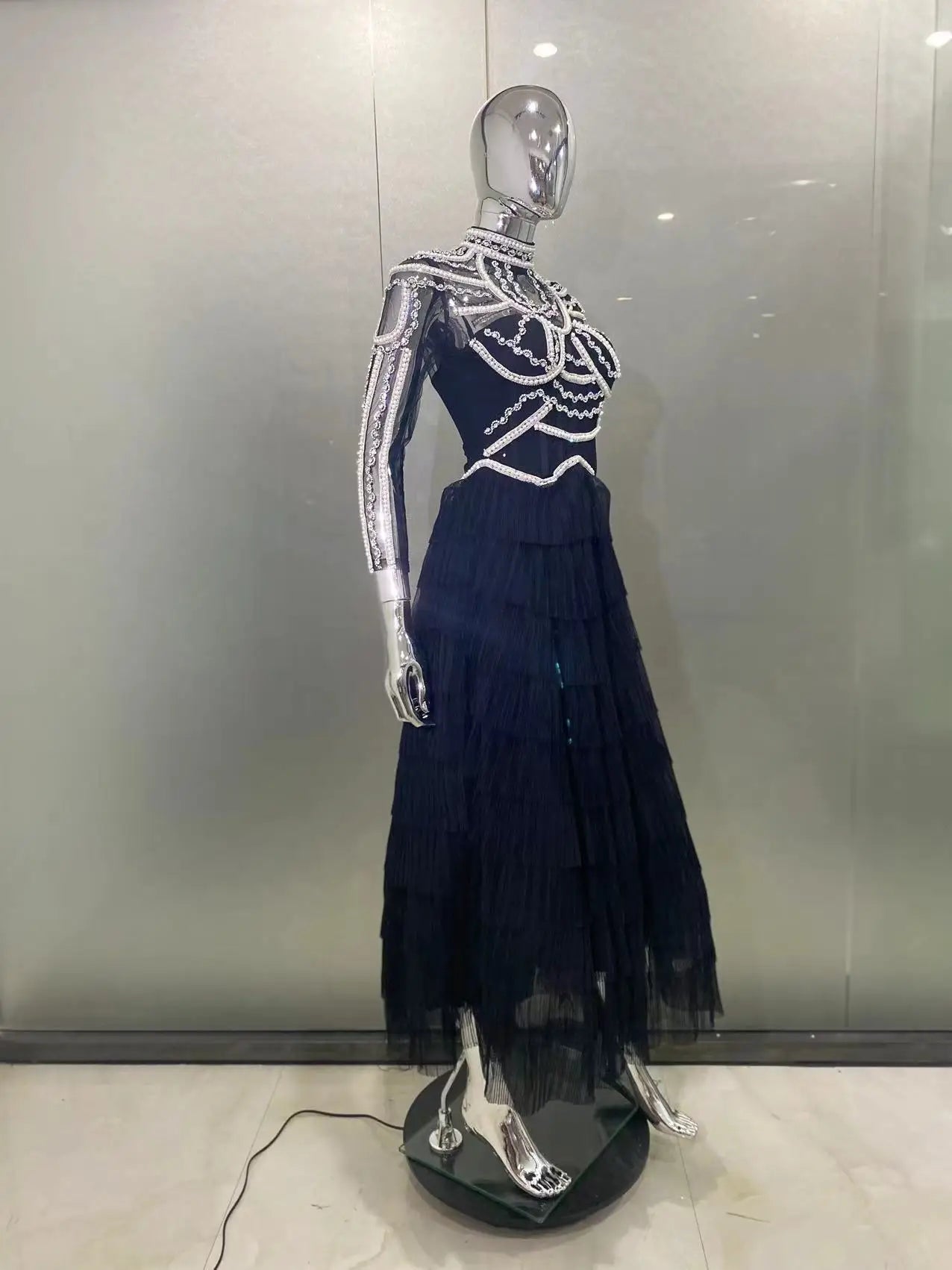 2024 New Autumn Women Long Sleeve Sexy Beading Crystal Ball Gown Long Dress Celebrate Fashion Red Carpet Celebrity Dress Vestido