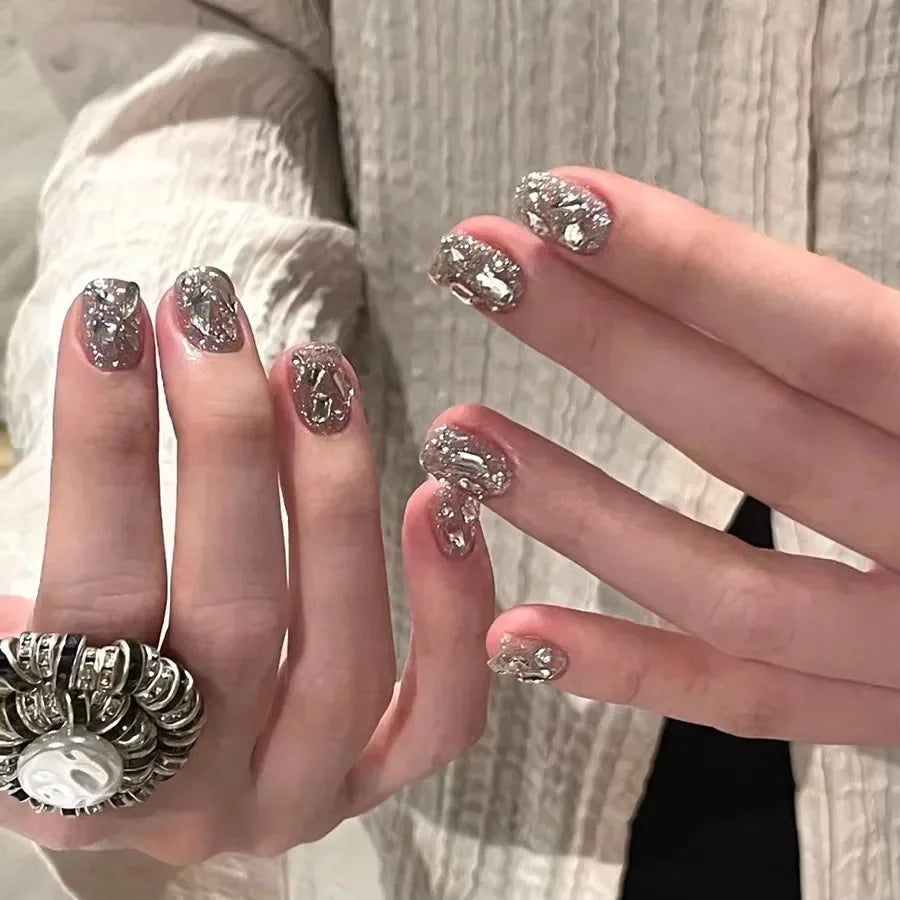 Shiny Crystal Glitter Powder Cat Eye Rhinestone Pearl Short Fake Nails Art Korean False Nails Zircon DIY Press on Nails Manicure MT2633GN040