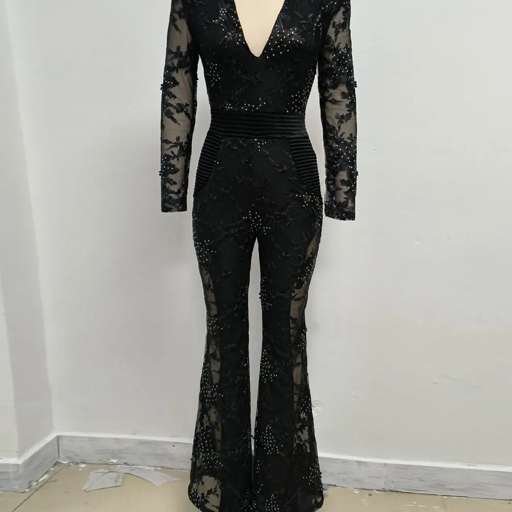2025 Sexy Women's Light Luxury Embroidered Hot Diamond Patchwork Design jumpsuit V-neck Long sleeved Evening Party Horn jumpsuit