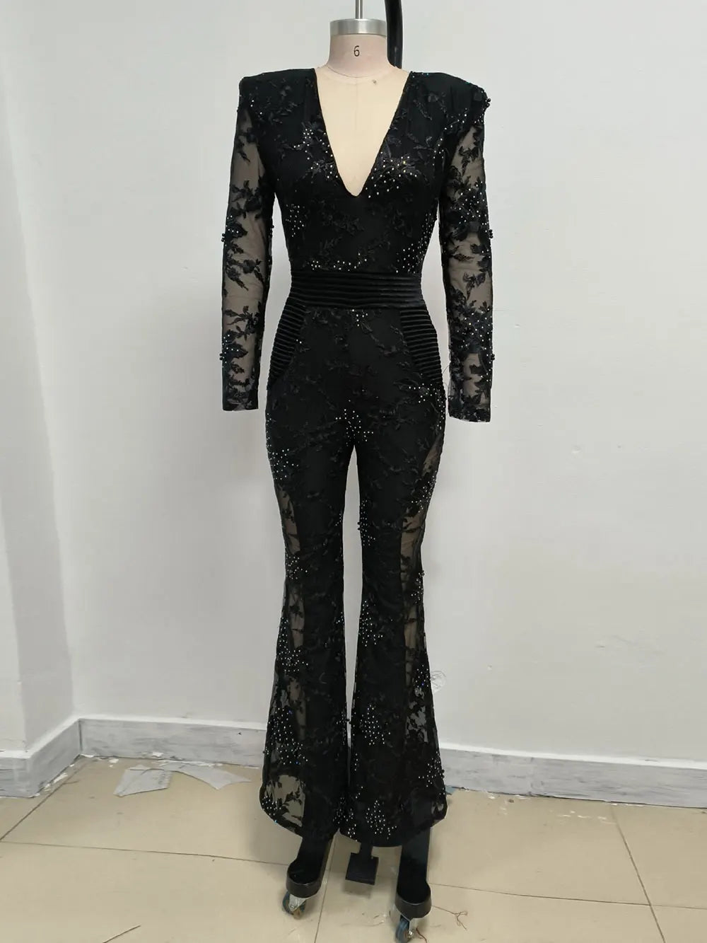 2025 Sexy Women's Light Luxury Embroidered Hot Diamond Patchwork Design jumpsuit V-neck Long sleeved Evening Party Horn jumpsuit