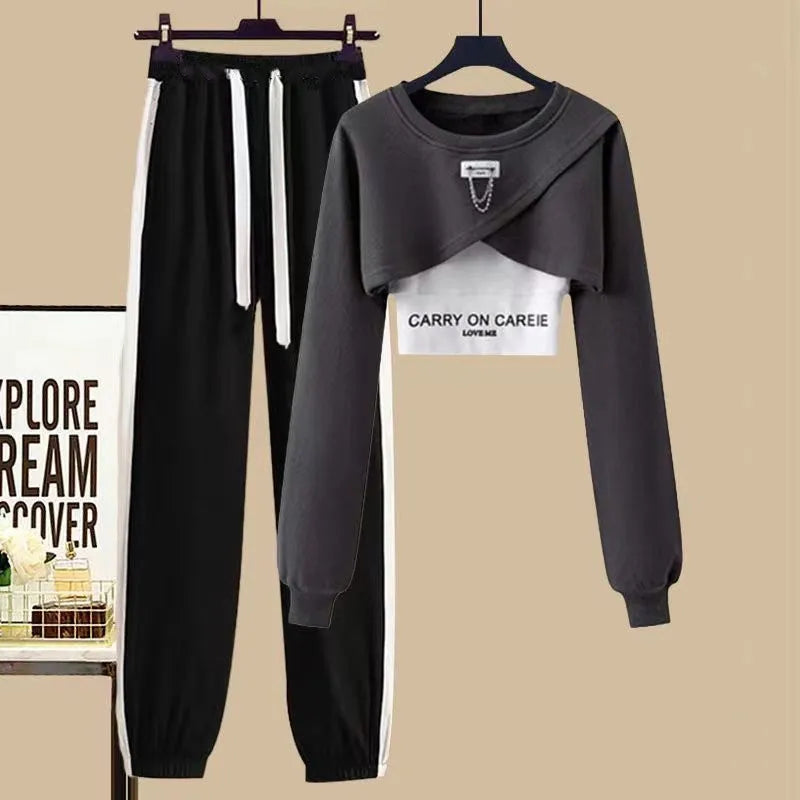 Women's Tracksuit Suit 2024 Spring Autumn New in Matching Sets Korean Fashion Short Sweater+Sport Sling+Trousers Three Piece Set Gray Three-piece