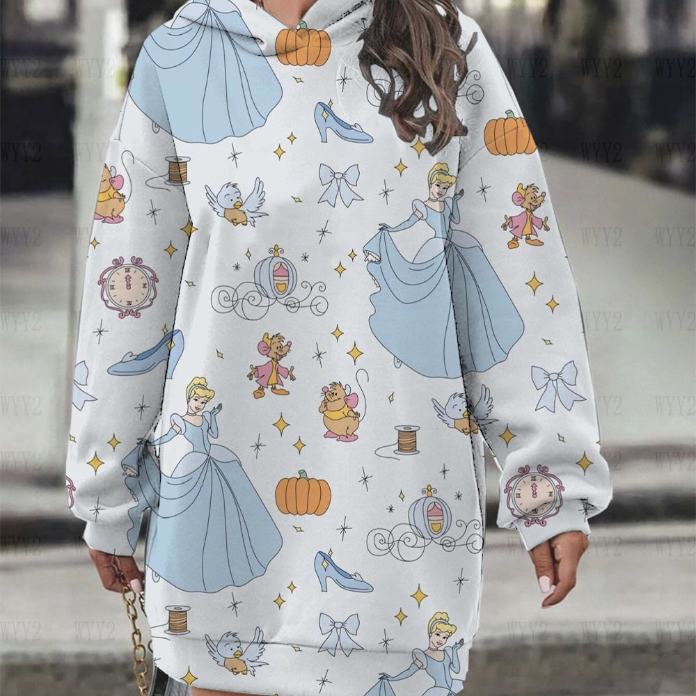 Women's Hoodie Dress Fall Fashion Print Long Sleeve Hooded Dress Women Disney Mermaid Women's Sweatshirt Streetwear YNSLMS013