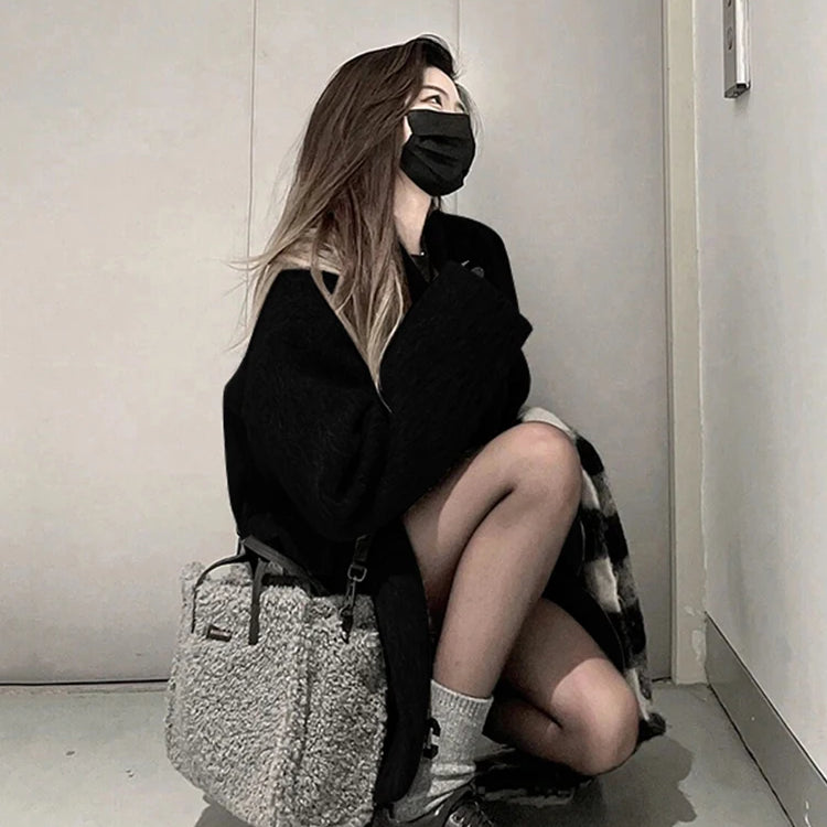 Lautaro Autumn Winter Grey Black Warm Soft Woolen Blazer Women Long Sleeve Single Breasted Korean Fashion New in Coats & Jackets