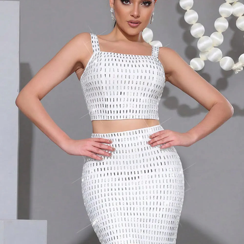 2025 Elegant Women's Nail Bead Design Bandage Skirt Set Camisole Sleeveless Ultra Short Tank Top+Mini Skirt Two Piece Set