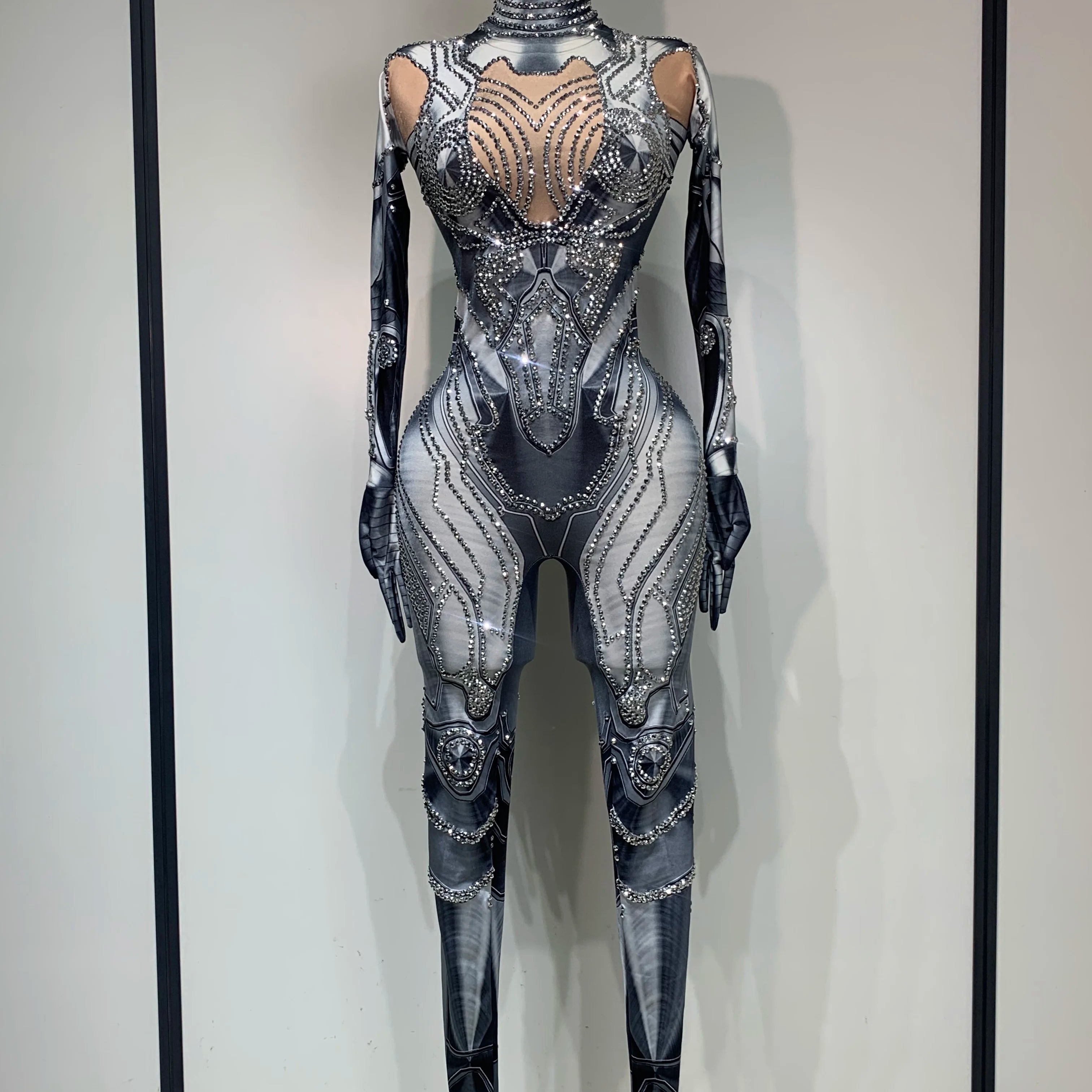 2025 Sexy Stretchy Performance Dance Nightclub Rompers Singer Stage Wear Sparkly Rhinestones Jumpsuit Gloves for Women Costume GRAY
