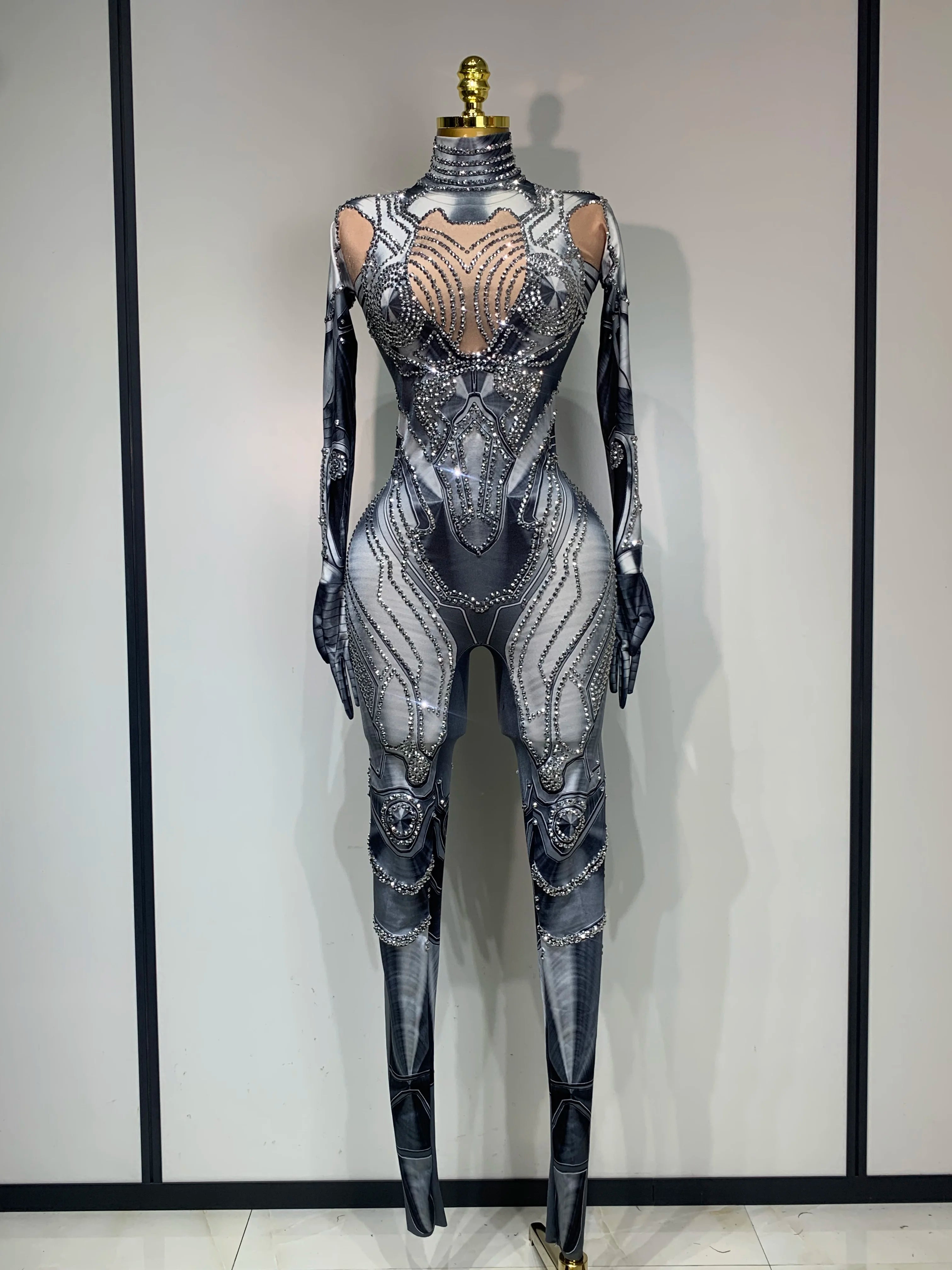2025 Sexy Stretchy Performance Dance Nightclub Rompers Singer Stage Wear Sparkly Rhinestones Jumpsuit Gloves for Women Costume GRAY