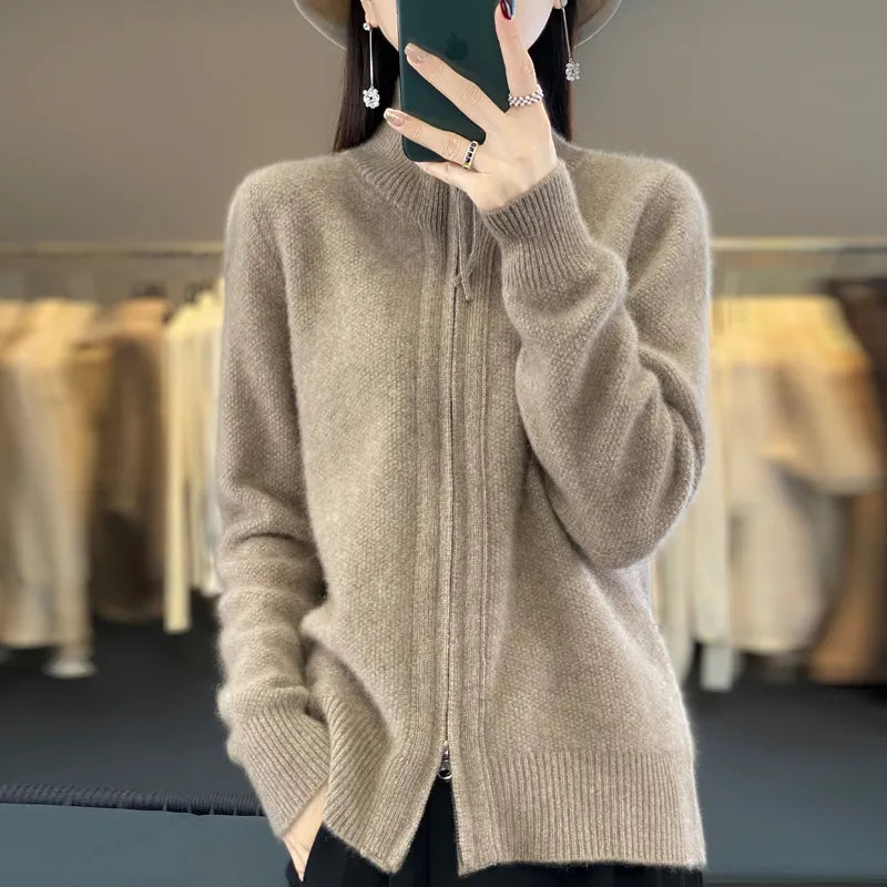 Women's 100% Merino Wool Knitting Sweater Clothing Autumn/Winter Casual Loose Top Fashion Korean Cashmere Large Zipper Jacket