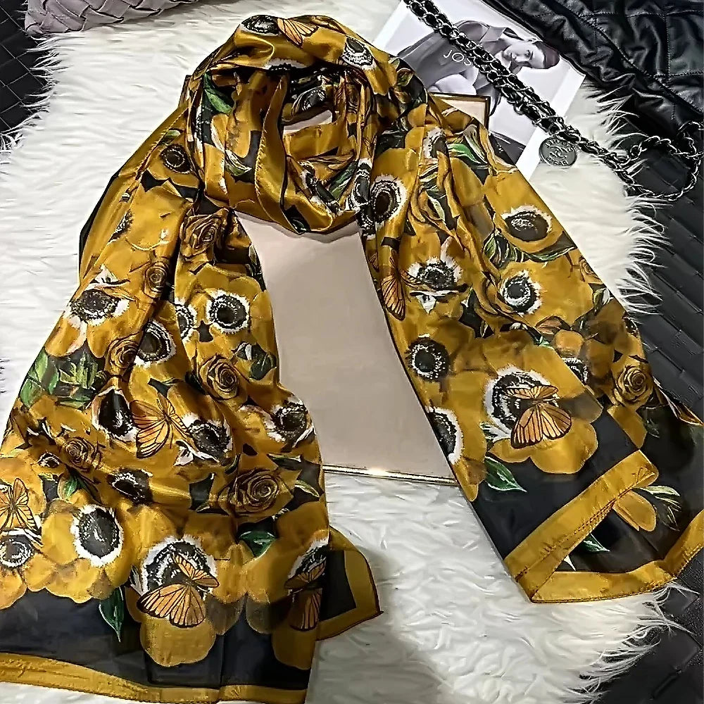 white100% Silk Scarf Women Scarves Bufandas Summer Beach Shawls Foulard Fall Winter Brand Flower Design Long Neck Scarves Hijabs gold roses