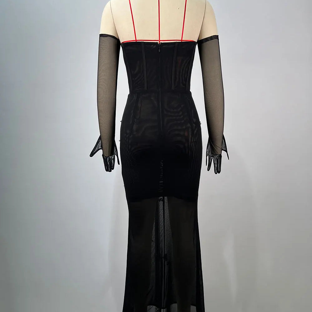 2025 Women'S Light Luxury Nail Bead Chiffon Dress Strapless Sleeveless Glove Design Bodycon Backless Black Long Dresses Vestidos