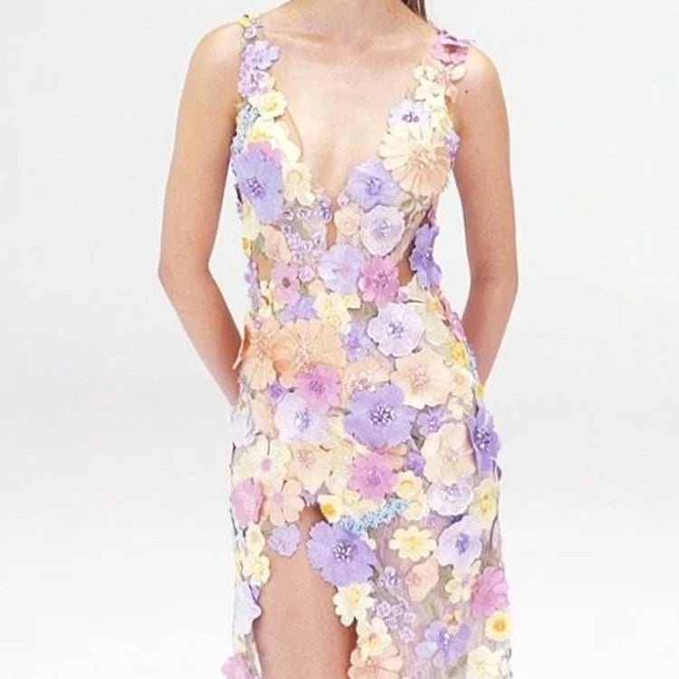 Glamorous Floral Embroidered V-Neck High Slit Dress Gown for Spring Fashion Galas Garden-Themed Weddings