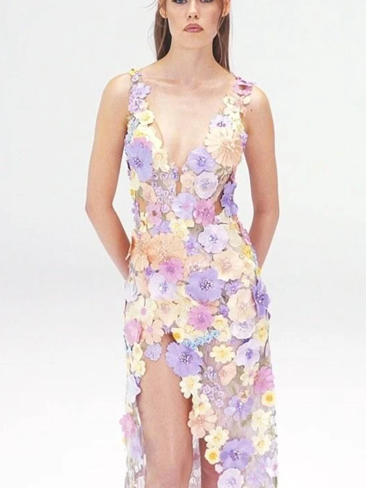 Glamorous Floral Embroidered V-Neck High Slit Dress Gown for Spring Fashion Galas Garden-Themed Weddings