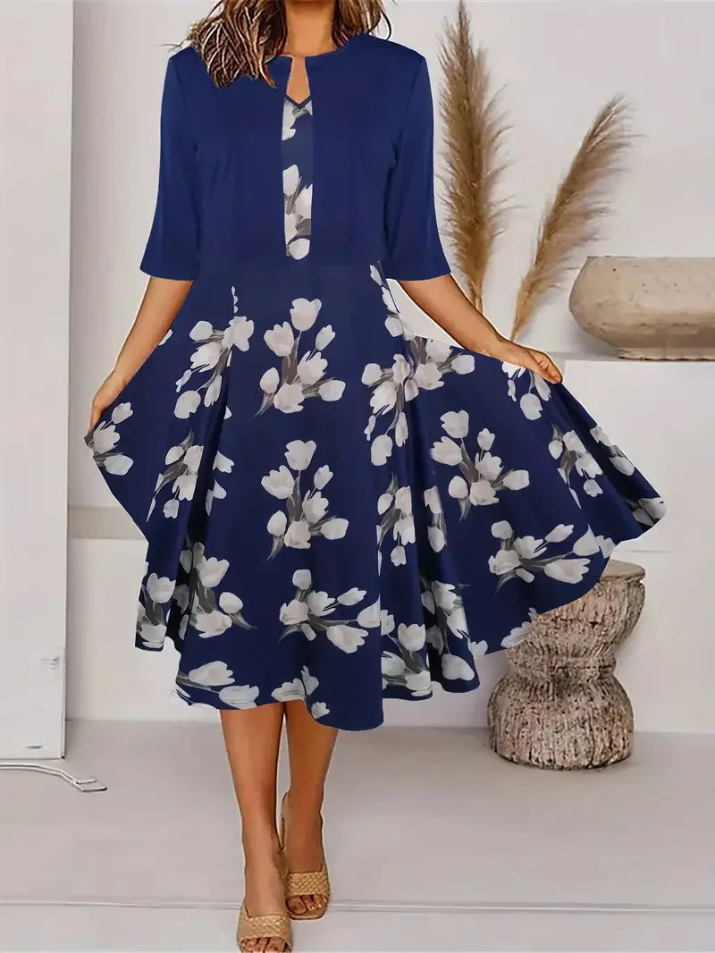 New for summer 2024! Eu-us Fall Women's 2 long Dress Set - floral and grass print crew neck dress with chiffon short coat Navy Blue