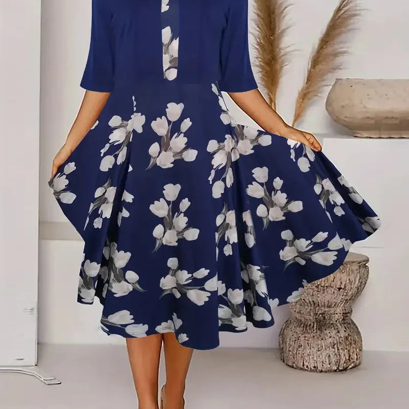 2025 autumn new women's long crewneck printed dress short needle two-piece cardigan short coat Navy Blue