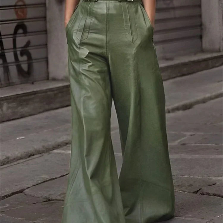 Modigirl Autumn Winter Women's Faux Pu Long Pants High Waisted Loose Pleated Pockets Streetwear Female Wide Leg Trousers Green