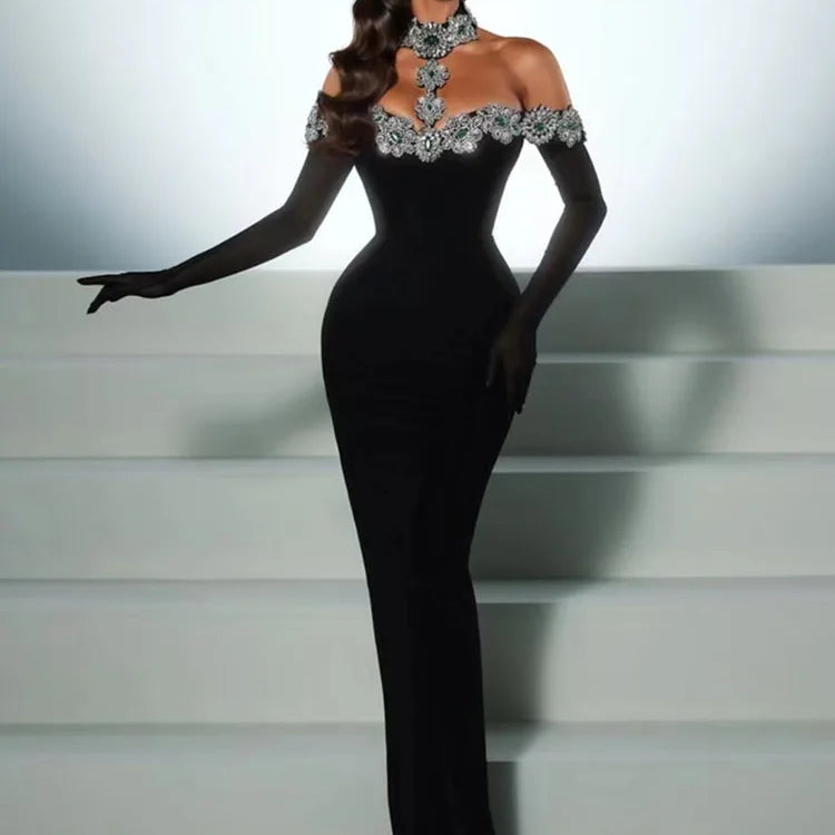 Summer Bandage Dress 2025 Women Celebrity Sexy Diamonds Crystal Black Maxi Long Bodycon Elegant Evening Club Party Dress