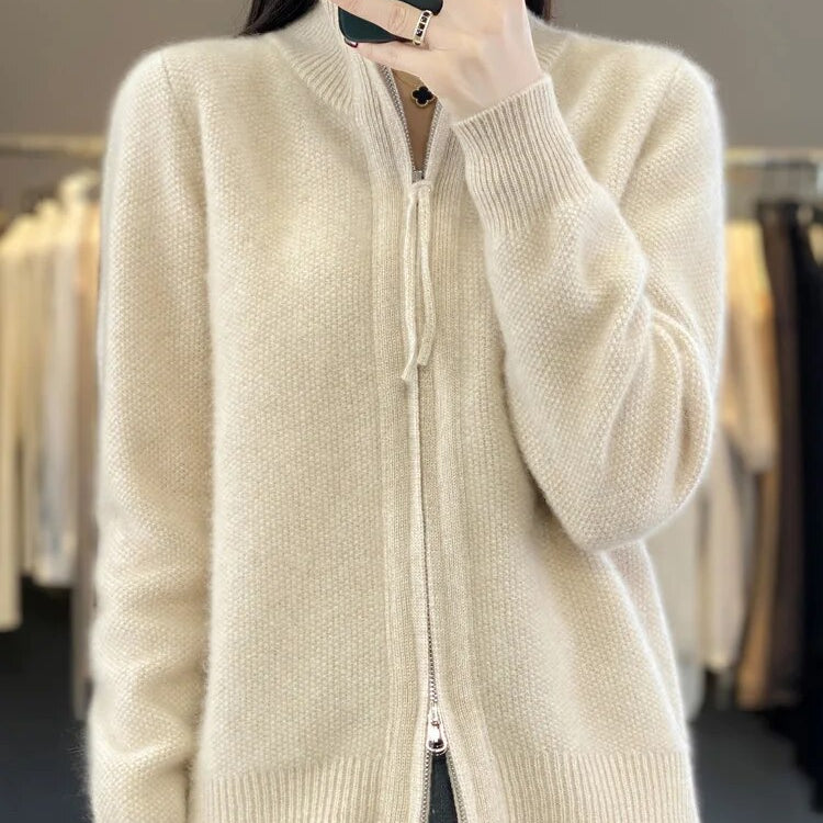 Women's Wool Knitting Sweater Clothing Autumn/Winter Casual Loose Top Fashion Korean Cashmere Large Zipper Jacket Beige