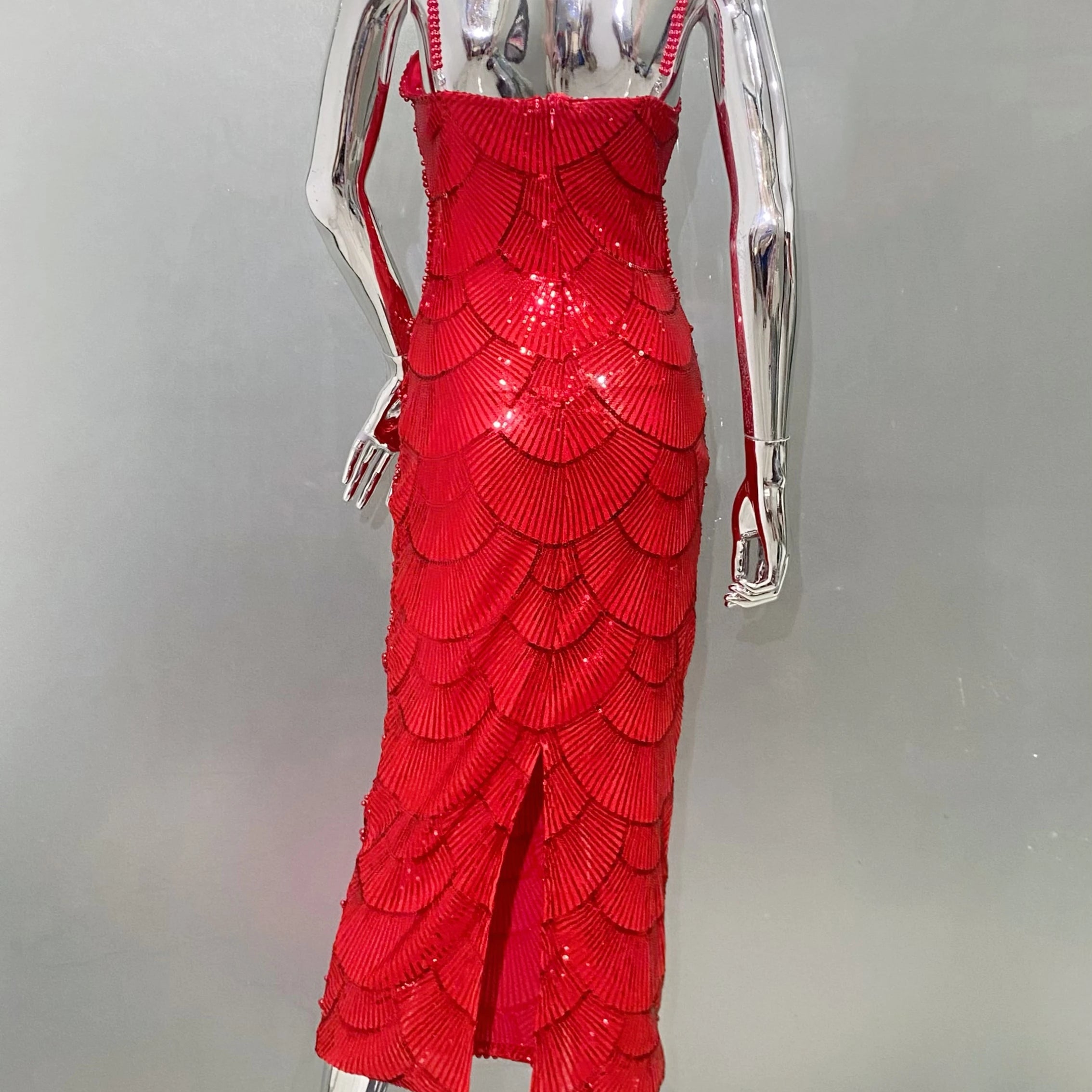 New Red Color Women Sexy Strap Shinning Beading Sequins Bodycon Long Dress Celebrate Evening Party Cocktail Dress Wholesale