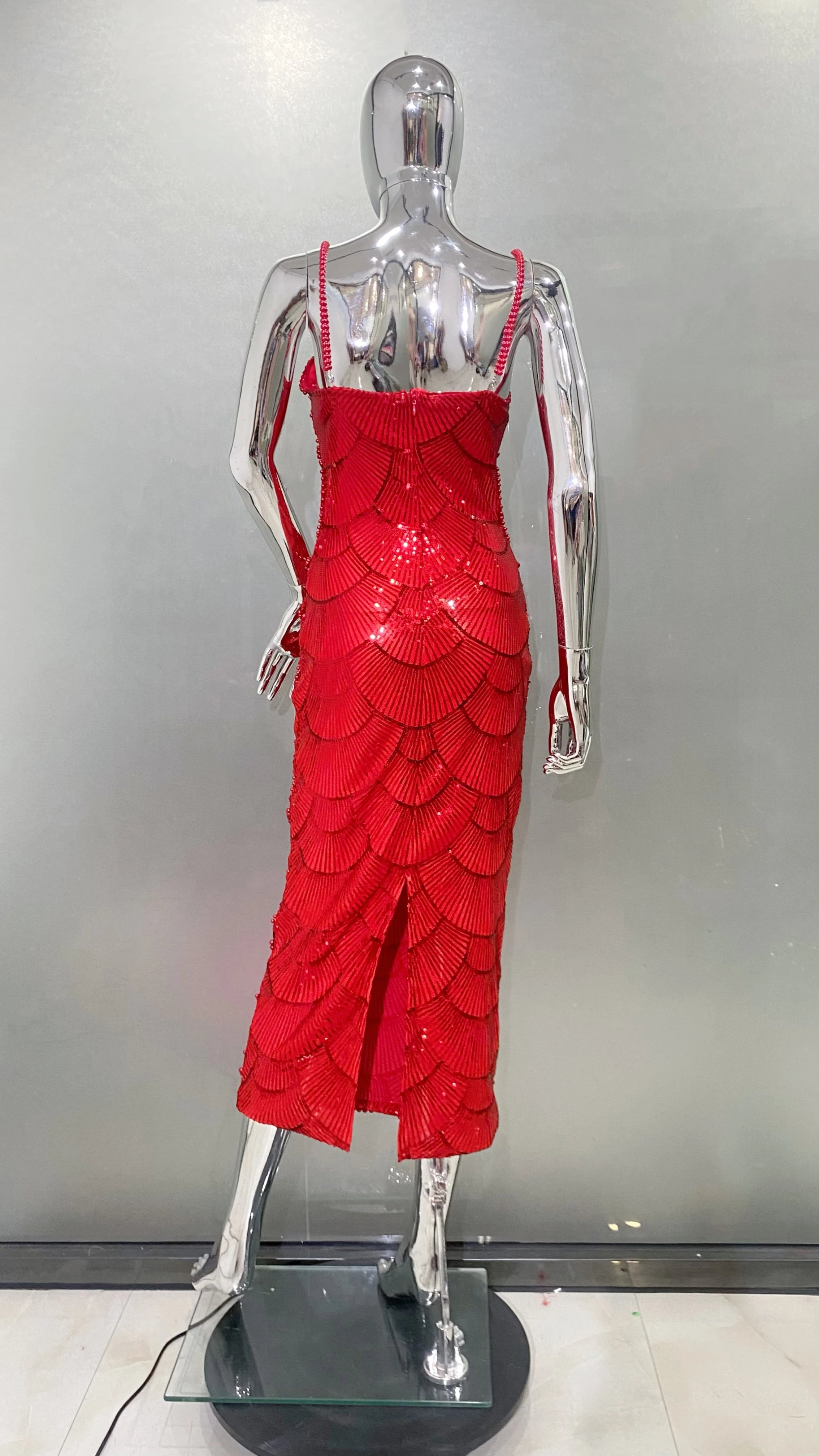 New Red Color Women Sexy Strap Shinning Beading Sequins Bodycon Long Dress Celebrate Evening Party Cocktail Dress Wholesale