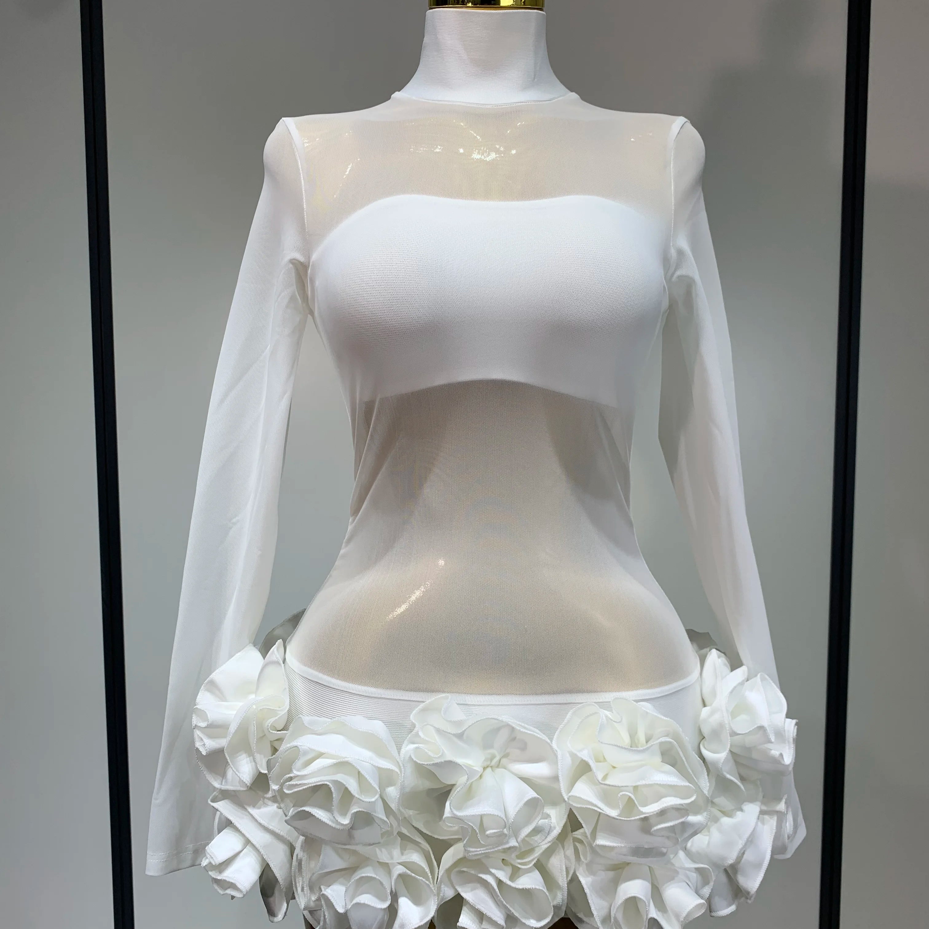 Women Sexy Mesh See through Stereoscopic Flowers White Red Mini Bandage Dress Birthday Evening Party Club Singer Perform Costume WHITE