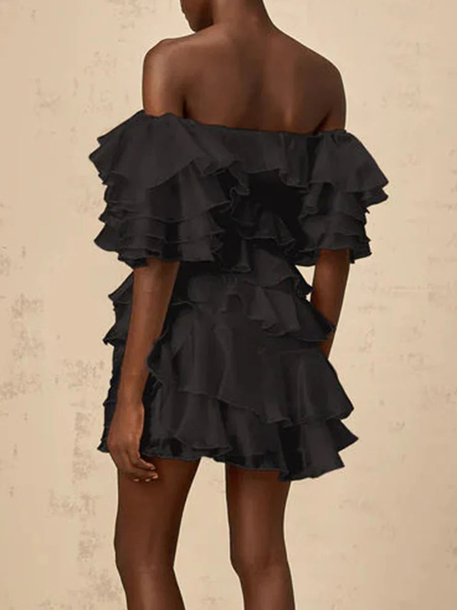 Solid Slimming Spliced 3D Flowers Mini Dresses for Women Slash Neck Off Shoulder Patchwork Ruffles Dress Female New