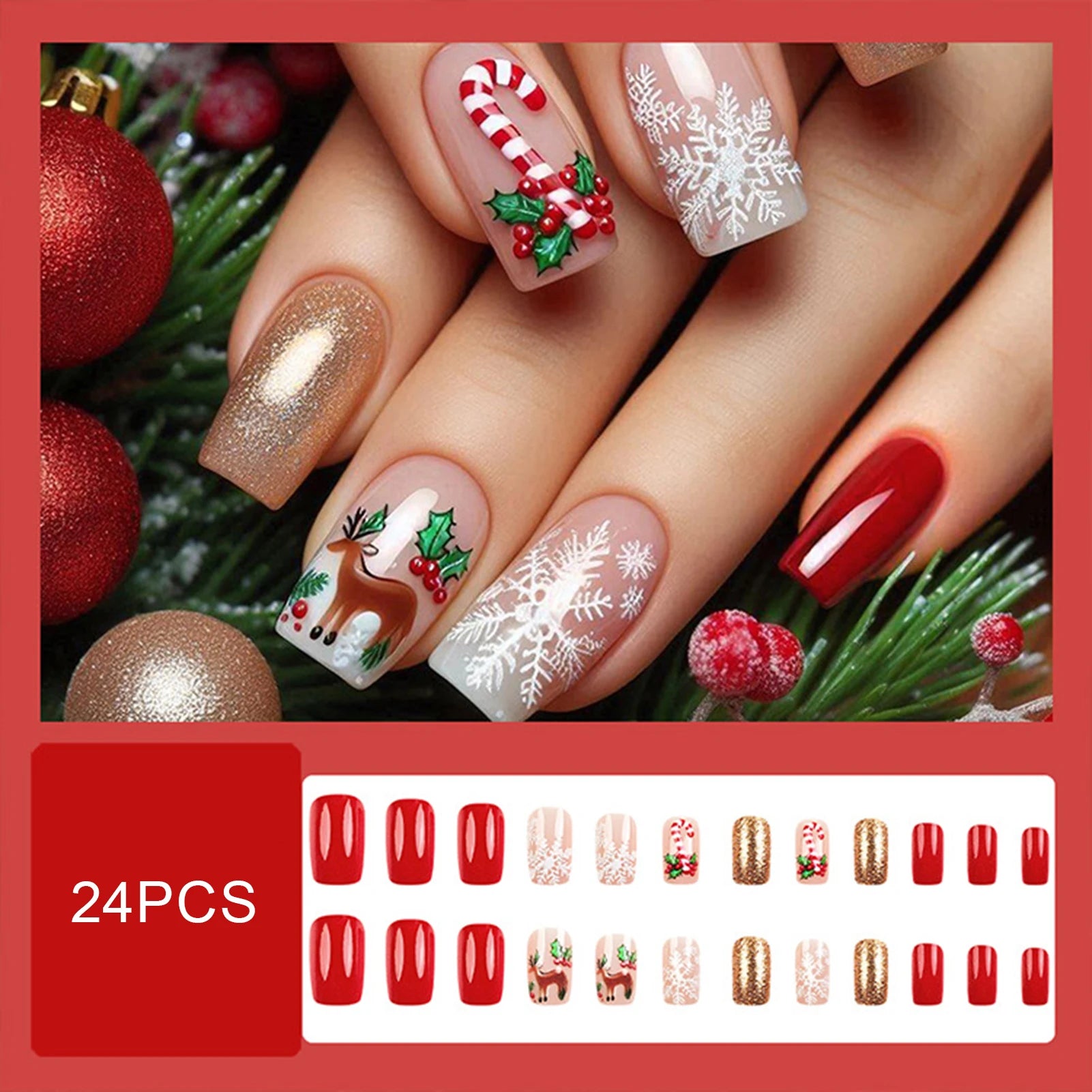 New Year Party Fake Nails Art 24Pcs Red Short Square Press On Nails Deer/Snowflake Printed Christmas False Nails Patches