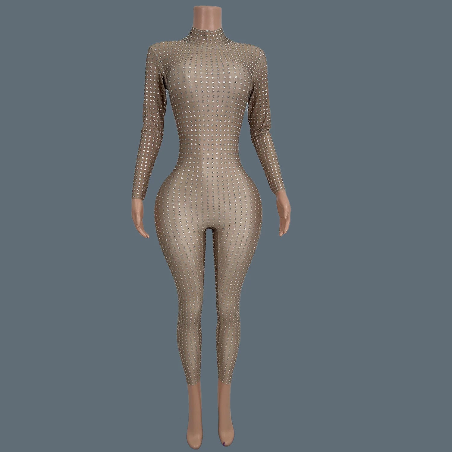 Sparkly Full Rhinestone Spandex High-end Jumpsuit Women Sexy Nightclub Party gig Dance Performance Tight Fitting Outfit Paiduiku Beige One Size