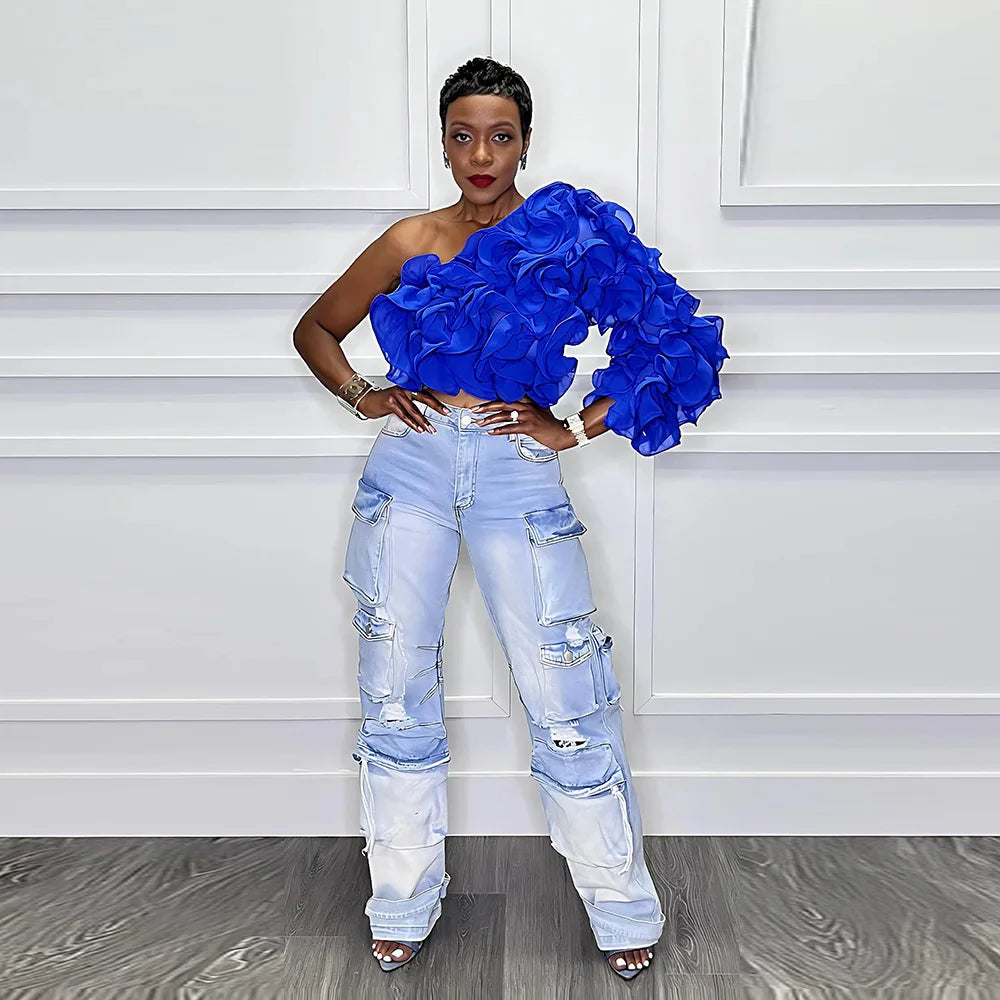 Women Ruffles One Sleeve Skew Collar Tunic Blouse and Shirt Tops 2024 Summer Streetwear Night Club Party Beach Tops Blue