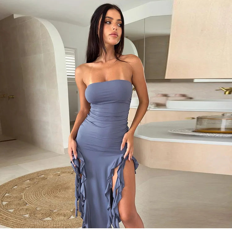 Blue Ruffle Strapless Dress Summer Women Sexy Split Slim Fringe Dresses Elegant Sleeveless Backless Vacation Club Party Outfits