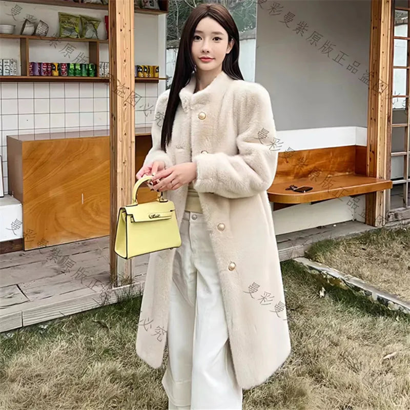 Long Faux Fur Coat for Women, Turn-down Collar, Loose Thicken Warm Teddy Jacket, Female Clothes, Winter, New, 2024 WHITE