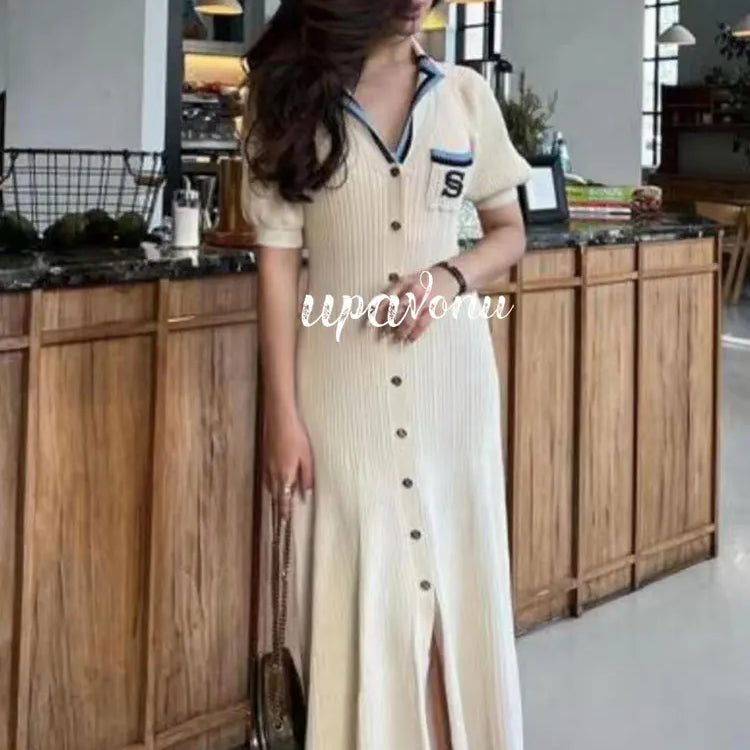 Elegant Women's Slim Fit Knitted Dress Fashionable Polo Neck Short Sleeve Single breasted Design Split Knitted Mid length Dress