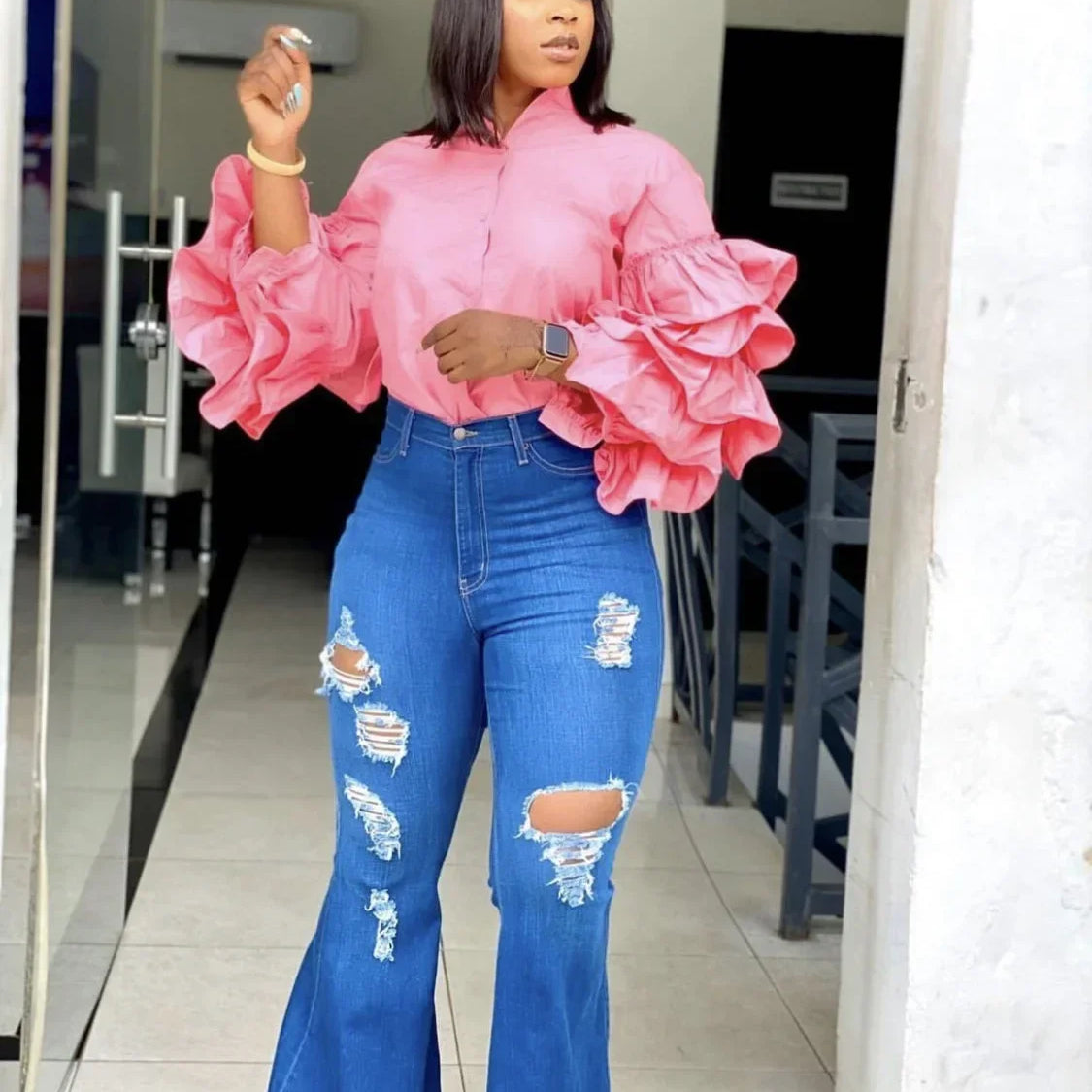 Women Shirts Solid Full Ruffles Sleeve Turn-down Collar Single Breasted Loose Shirts Office Lady Streetwear Summer Tops