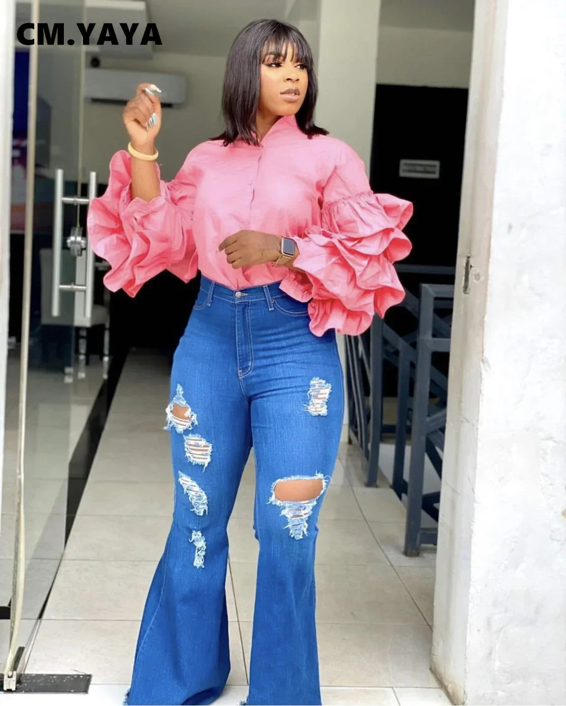 Women Shirts Solid Full Ruffles Sleeve Turn-down Collar Single Breasted Loose Shirts Office Lady Streetwear Summer Tops