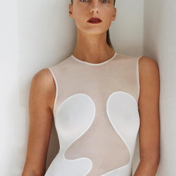 Cool Fashion Black White Sheer Mesh Sleeveless O-Neck Ankle Dress for Party Date Night Evening Gown