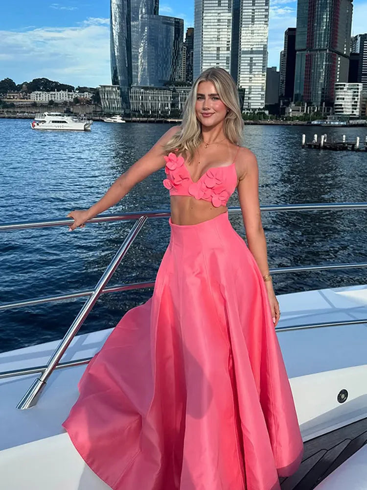 2025 Women Chic 3d Pink Flower Applique Cropped Tops Set Fashion High Waist Long Skirts 2 Piece Suit Sexy Vocation Beach Outfits