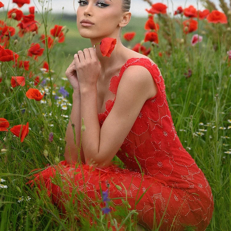 Romantic Sleeveless Red Floral Mermaid Dress for Garden Weddings Party Evening Gown