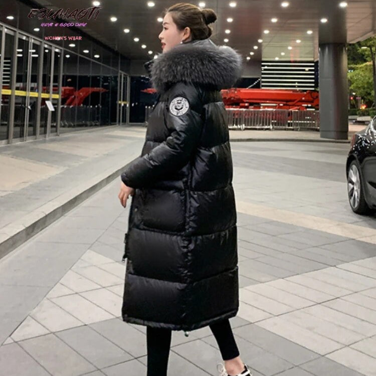 Woman Winter Parkas New Glossy Wash Free Down Cotton Jacket Below The Knees Long Style Hooded Fur Collar Thicken Women's Coat