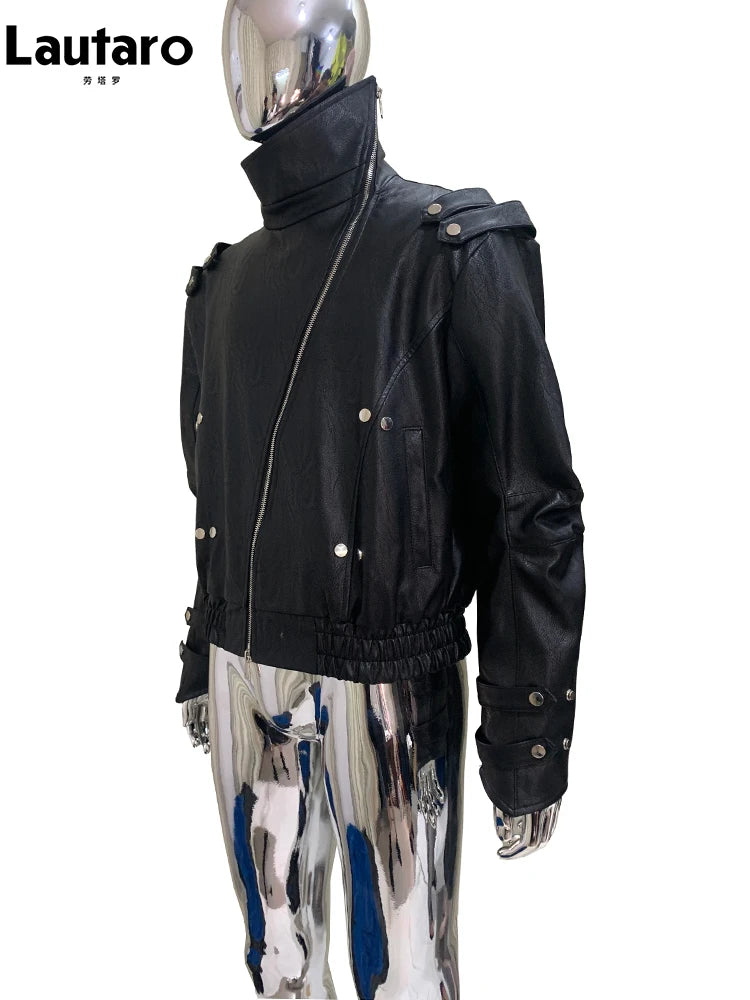 Mauroicardi Spring Autumn Cool Windproof Short Black Faux Leather Jacket Men Zipper Chic Luxury Designer Clothes Streetwear 2025