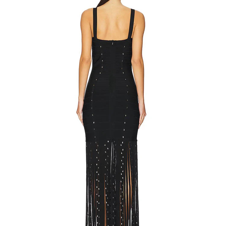 Black Diamond Tassel Spaghetti Straps Long Dress Backless Sleeveless Fringed Patchwork Bodycon Evening Party Gowns