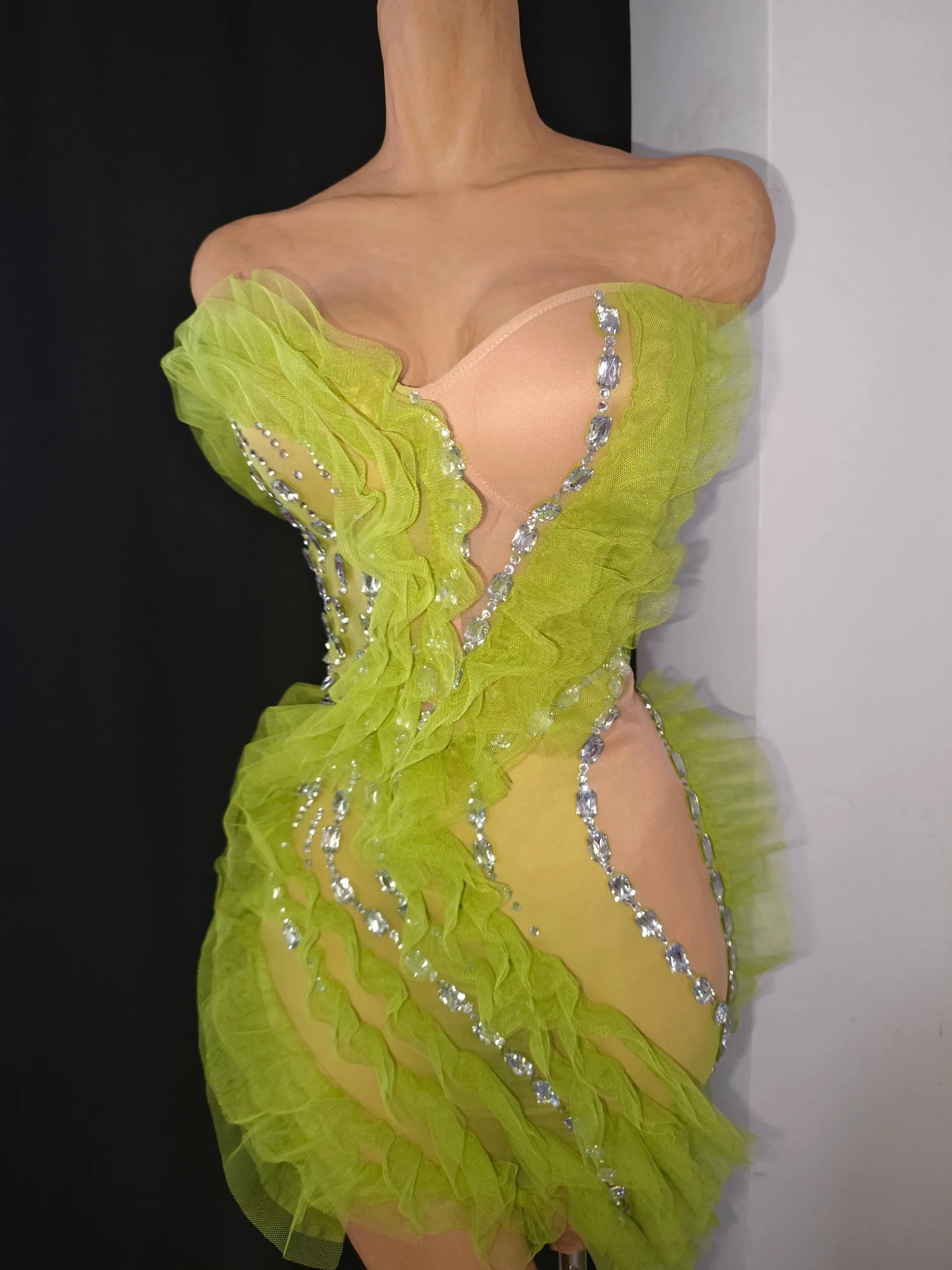Luxury Green Sheer Mesh Ruffle Dress Neck Crystal Rhinestone Trim Cut Out Slim Fit Evening Wedding Guest Cocktail Party Dress