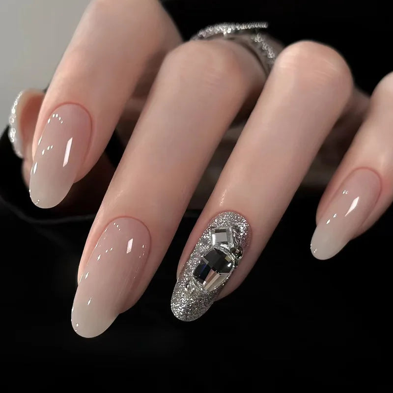 24Pcs Spring Wearing False Nails Short Almond Oval Nails with Red Love Rhinestone Designs Popular Nail Stickers for Spicy Girls 6