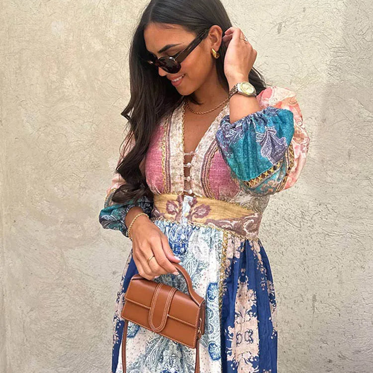 Vintage Women's Patchwork Printed Hollow Out Maxi Dress Fashion V Neck Long Sleeved Loose Dresses New Spring Female Street Robes