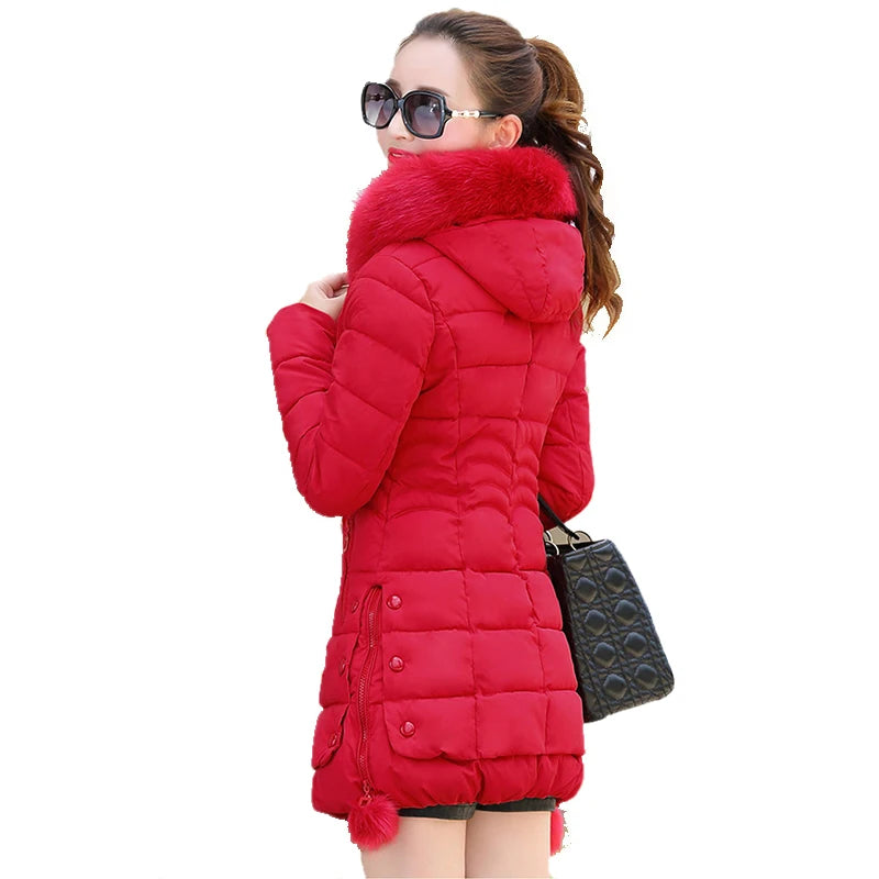 Winter Jacket Women winter coat pure color casual Fur Collar Hooded long hooded cotton lady jacket