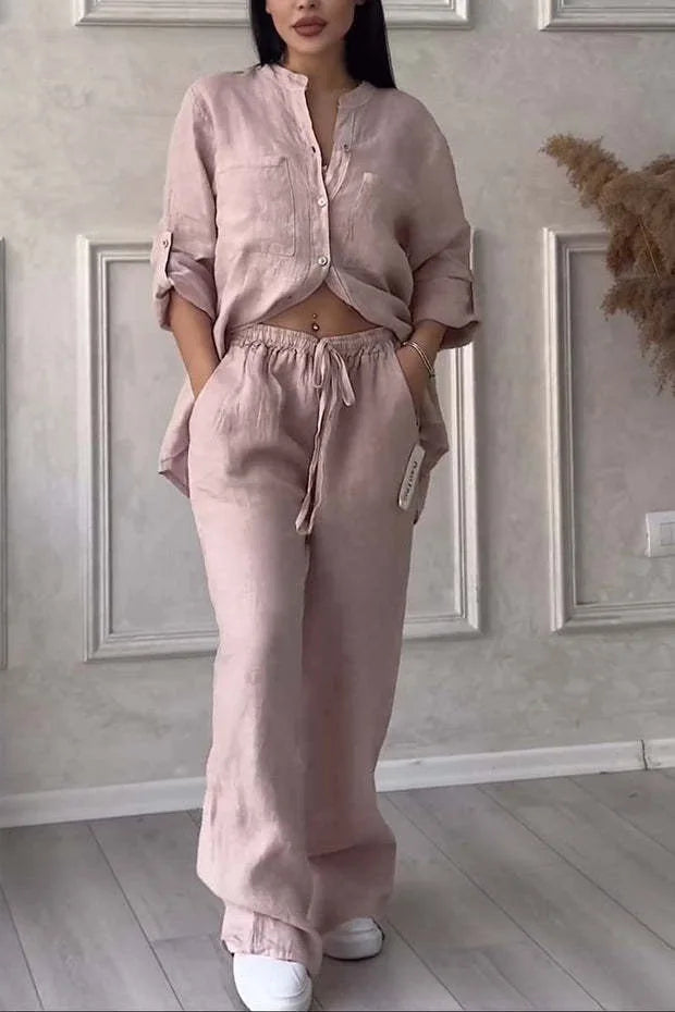 Women Plus Size Two Pieces Set Drawstring Straight Elastic Waist and Long Sleeve Button Shirt Top Matching Set Linen Cotton Set Pale Pinkish