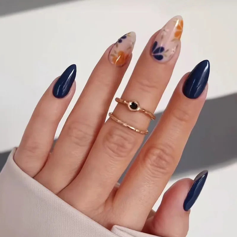 24Pcs Green Cat's Eye Design Press on False Nails with Flower Pattern Short Almond Round Head Nails Set Tips Wearable Fake Nail W1855