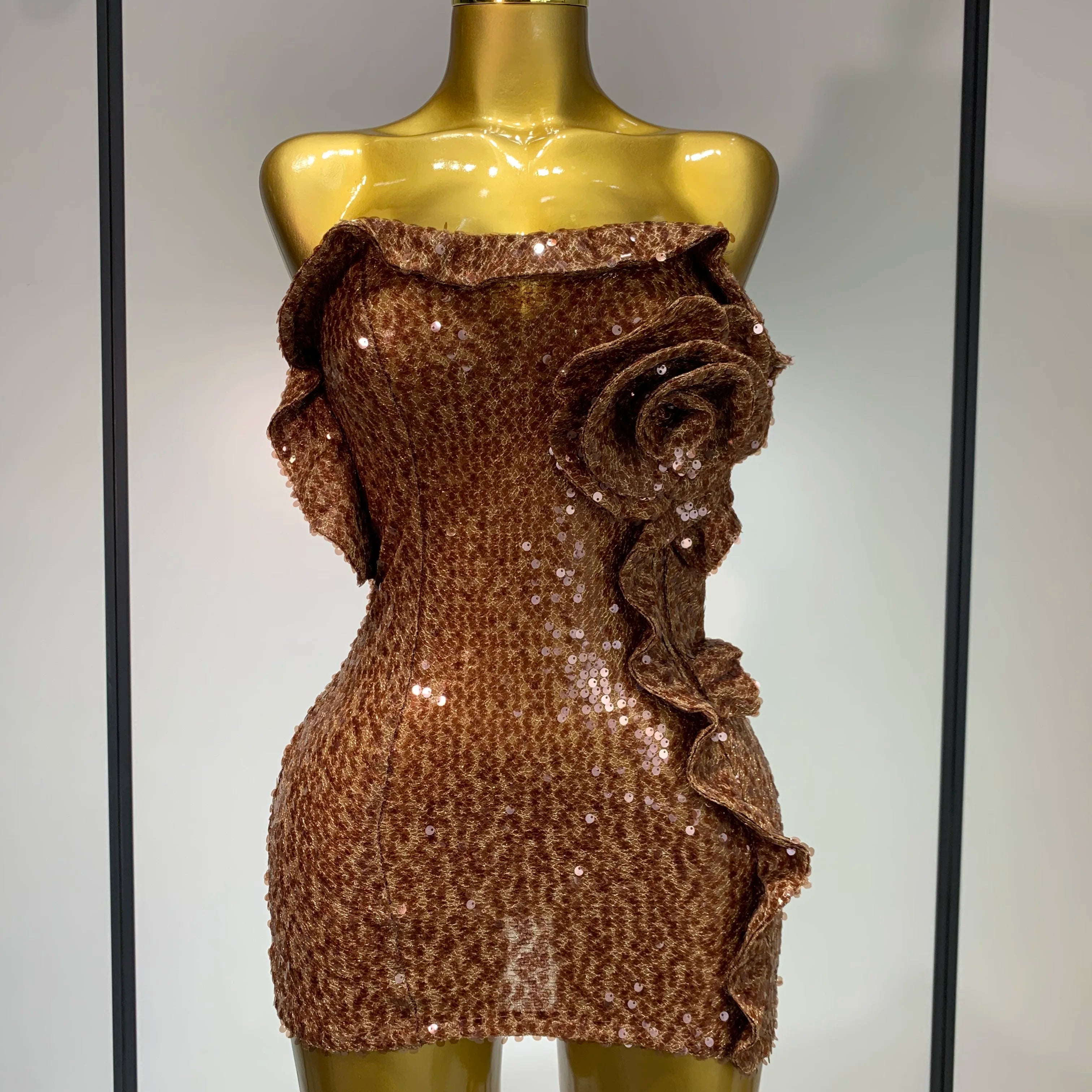 Women Sexy Strapless Backless Brown Sequins Mini Dress 2025 Celebrity Elegant Evening Party Club Luxury Birthday Guest Gown Dark Brown