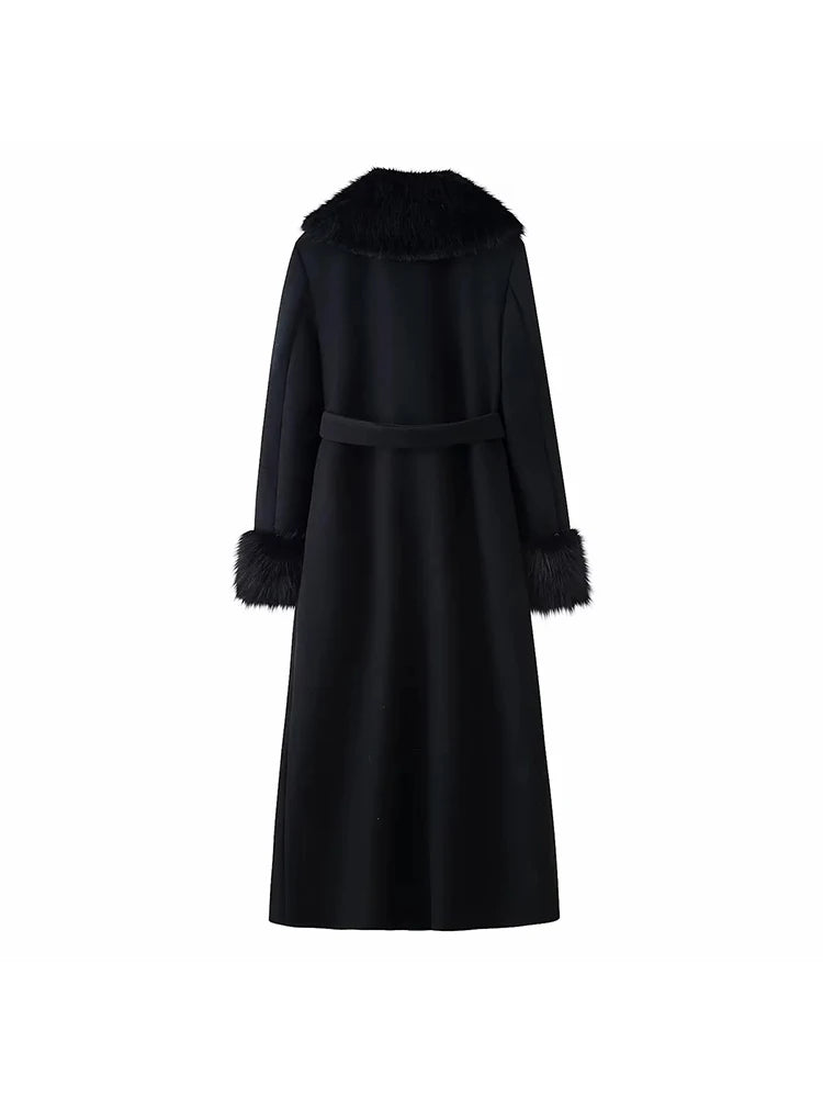Women New Slim Black Faux Fur Woolen Patchwork Women Long Coat Chic Belt Full Sleeve Button Female Outwea Coats